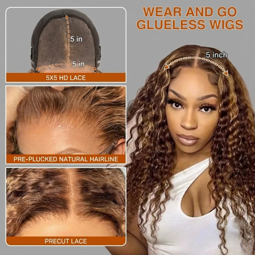 Honey Blonde Highlight Deep Wave Glueless Wig