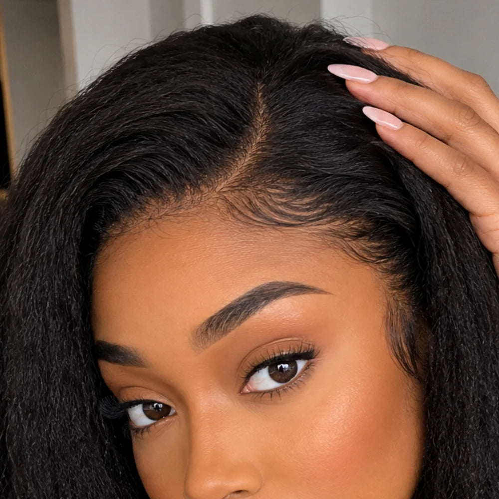 Customer style image - Kinky Straight V Part Human Hair Glueless Wig