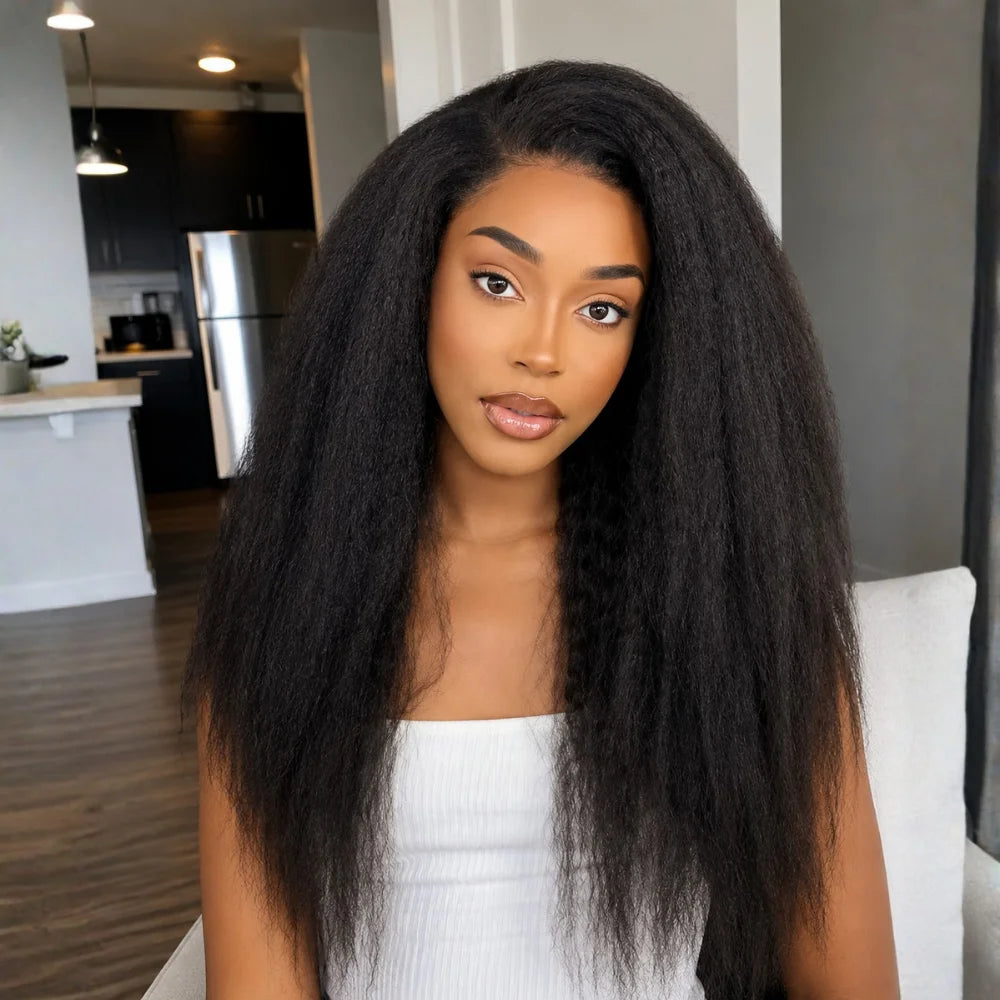 Kinky Straight V Part Human Hair Glueless Wig