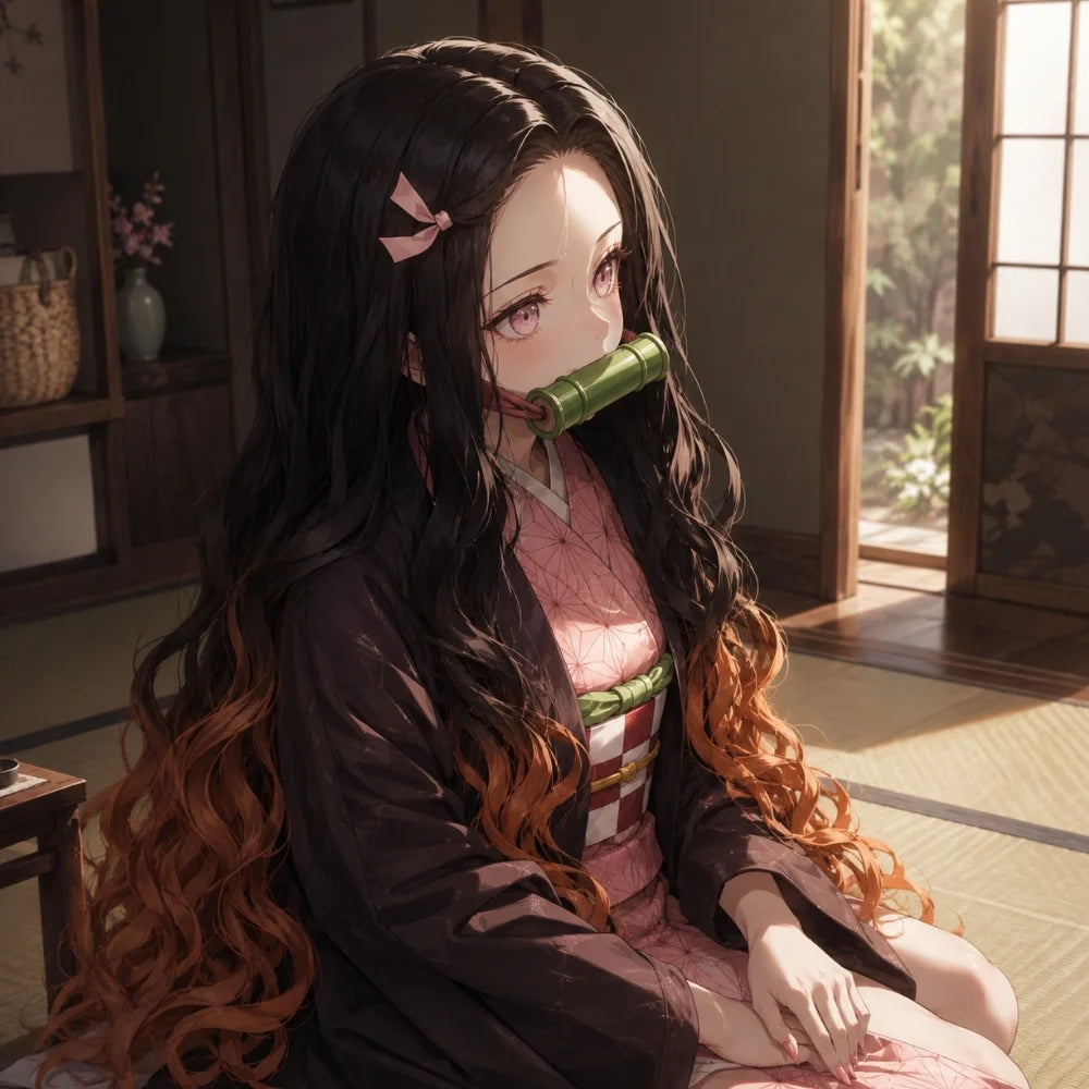 Nezuko Kamado Long Black & Orange Wavy Cosplay Wig