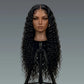 Mannequin head with long black curly wig on a gray background