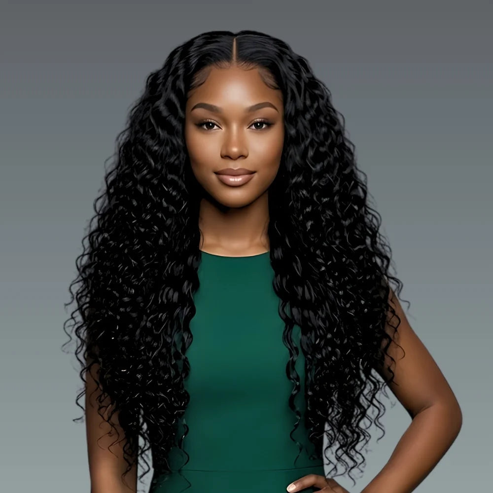 300% density deep wave human hair HD lace front wig – Woman with long, curly black hair wearing a green dress against a gray background