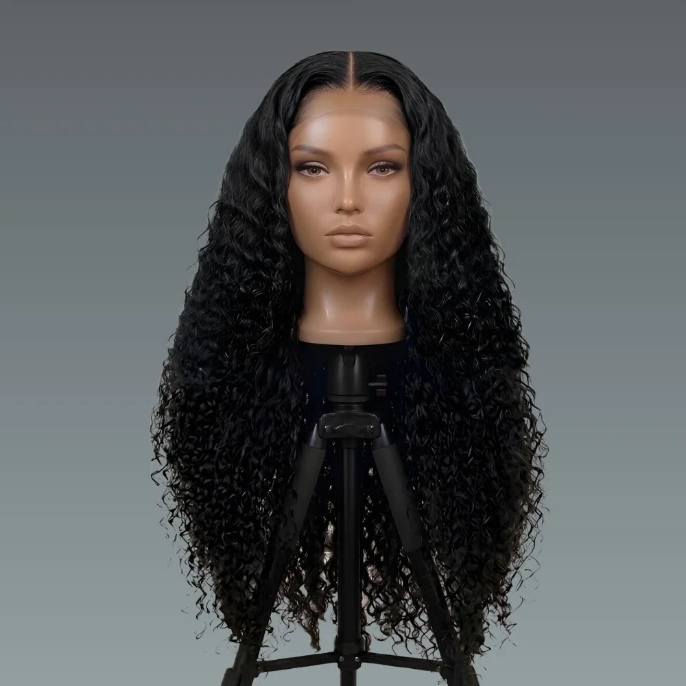 300% density deep wave human hair HD lace front wig – Mannequin head with long black curly wig on a gray background