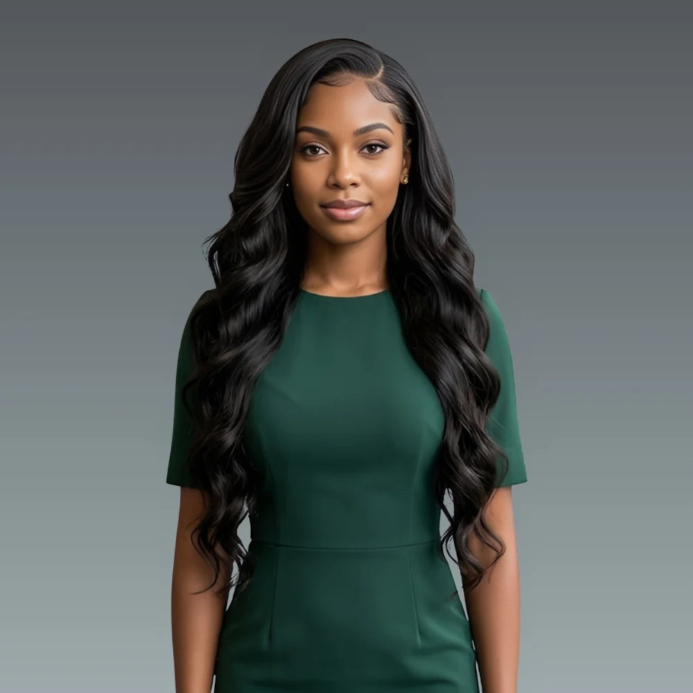 Woman wearing a green dress against a gray background