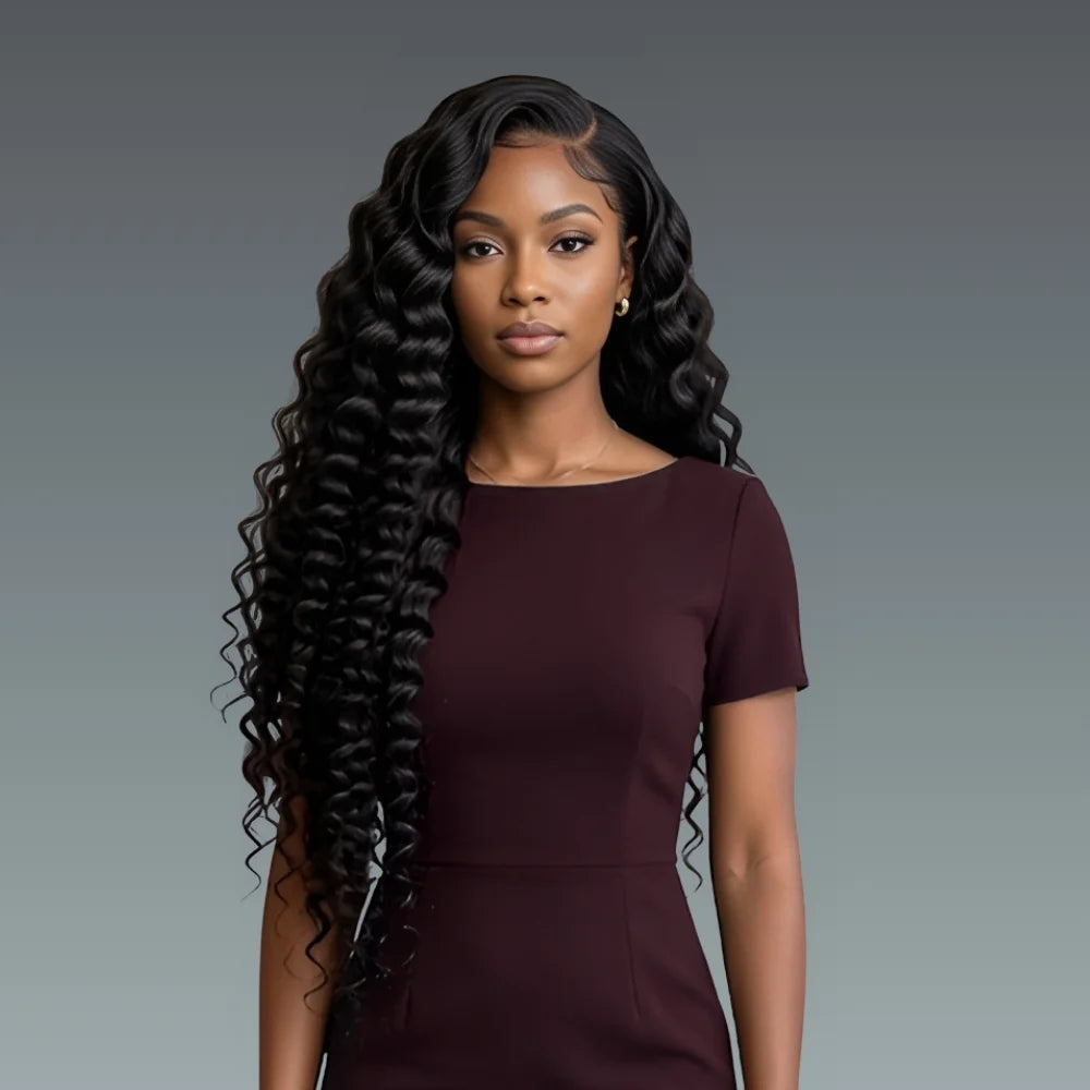 Woman with long, styled hair wearing a dark purple dress against a gray background