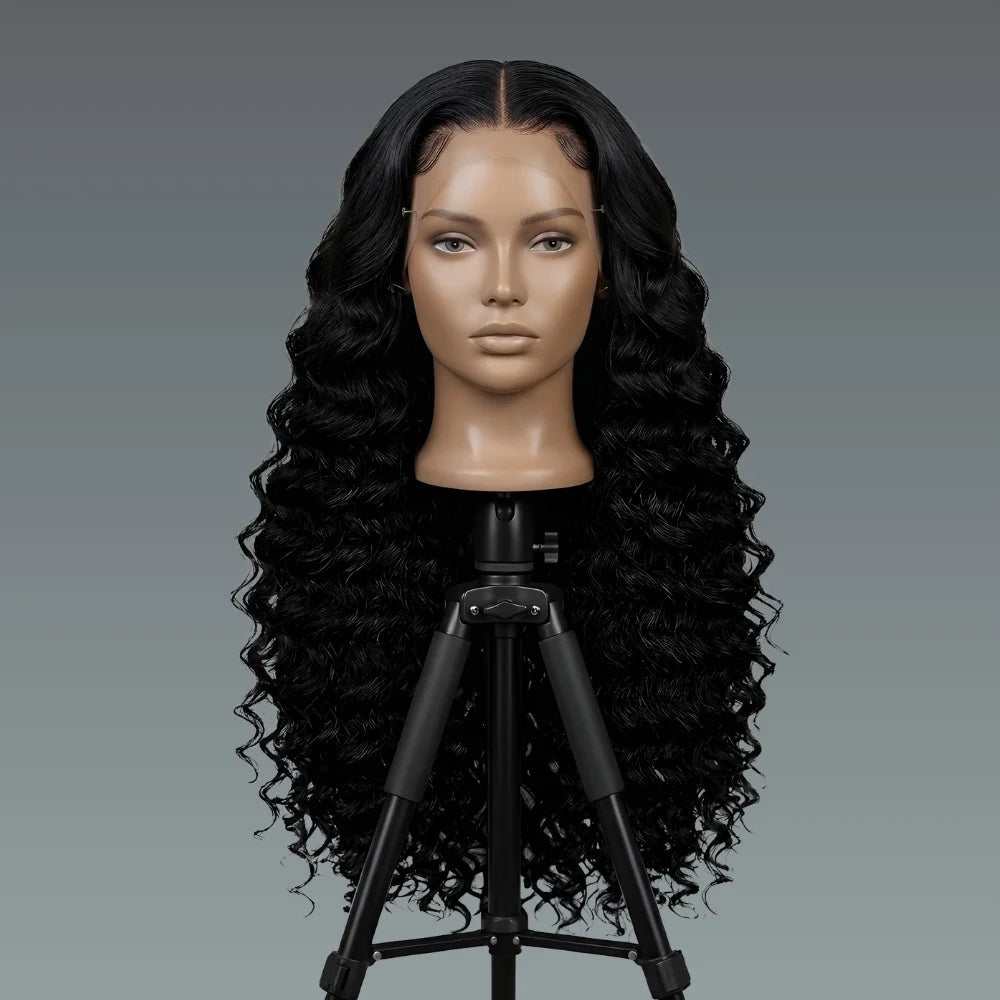 42-inch deep wave lace front wig on mannequin head, front view