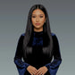 4x4 natural straight human hair HD lace closure wig – Woman wearing a dark blue velvet dress with a plain background