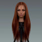 4x4 reddish brown straight human hair wig – Mannequin head with long brown wig on a gray background