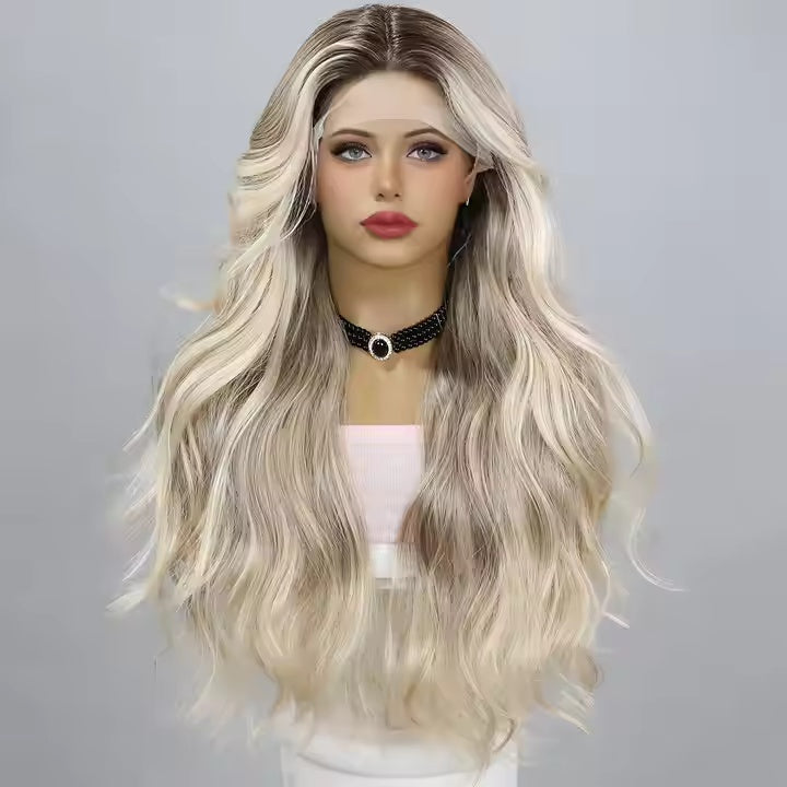 Gold gradient blonde ombre body wave lace wig – Mannequin head with long blonde wig on a gray background