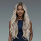Gold gradient blonde ombre body wave lace wig – Woman with long, wavy hair wearing a dark blue dress against a gray background