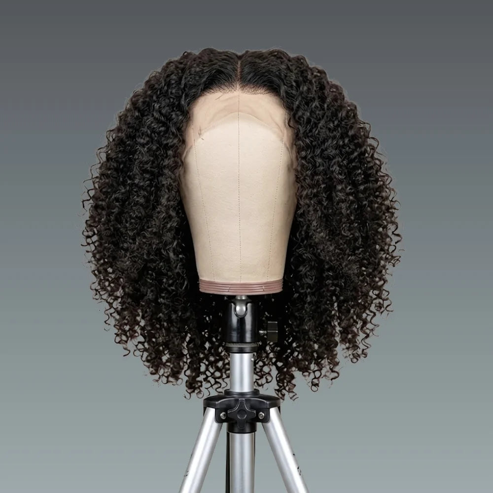 Curly wig on a mannequin head against a gray background