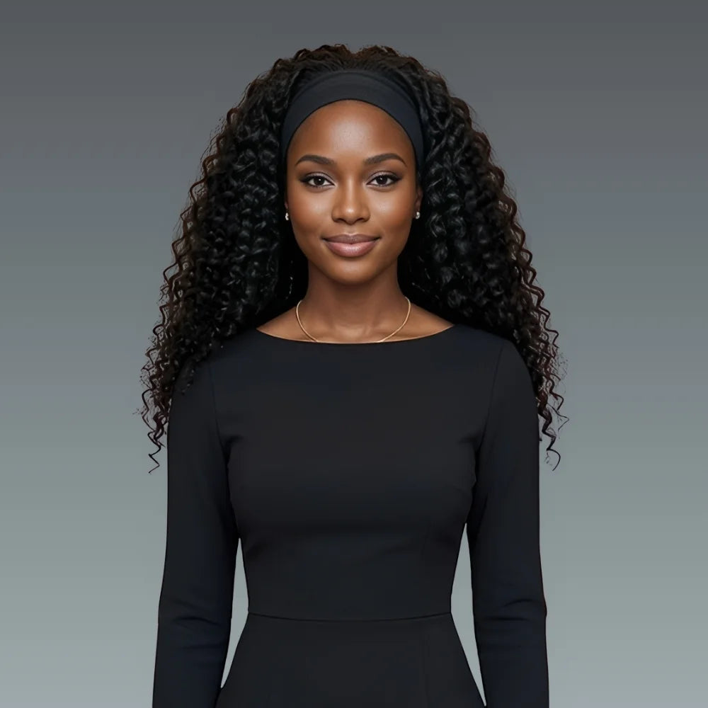 Woman wearing a black long-sleeve top against a gray background