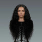 Black curly wig on a mannequin head against a gray background