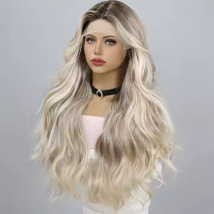 Gold gradient blonde ombre body wave lace wig – Blonde wig on a mannequin head against a plain background