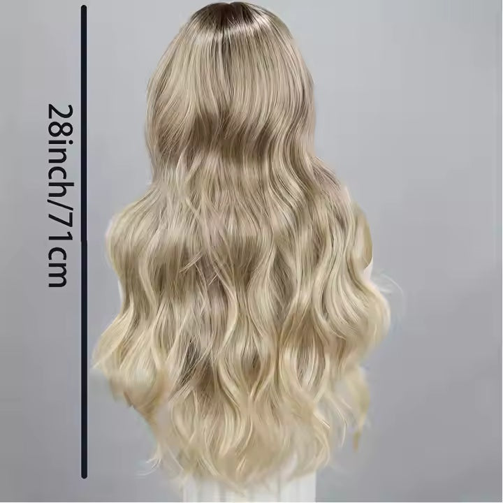 Gold gradient blonde ombre body wave lace wig – Blonde wig with wavy hair on a gray background, showing measurement of 28 inches.