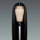 Black straight wig on a mannequin head against a gray background
