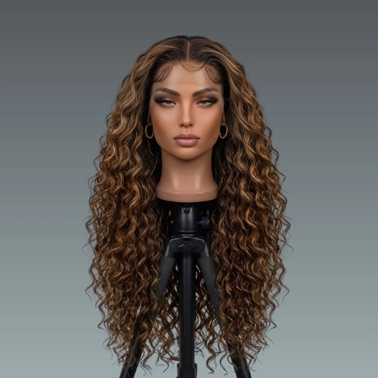 Mannequin head with long, wavy brown hair on a gray background