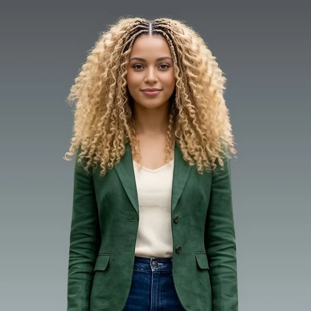 Woman wearing a green blazer over a white shirt with a blurred gray background