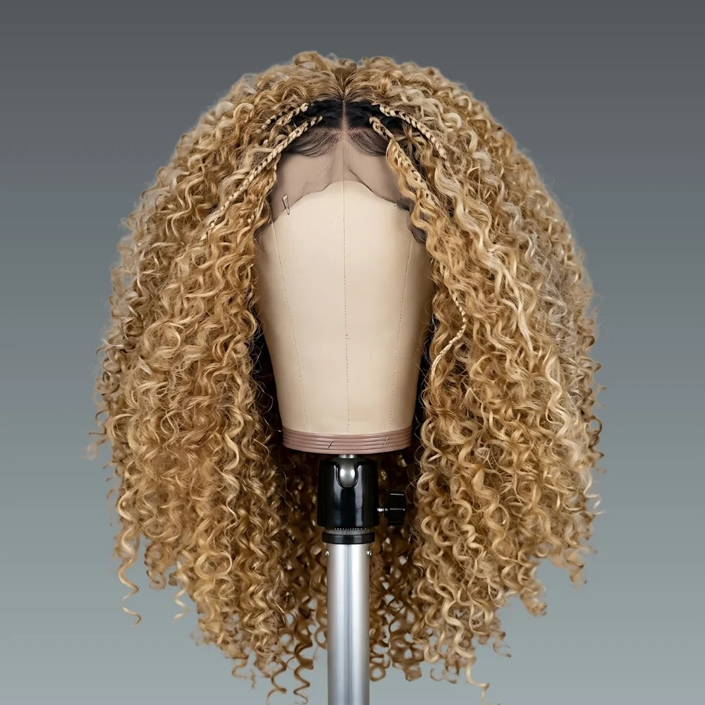 Blonde curly wig on a mannequin head against a gray background