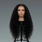 Jerry curly wave human hair lace wig – Mannequin head with long black curly wig on a gray background