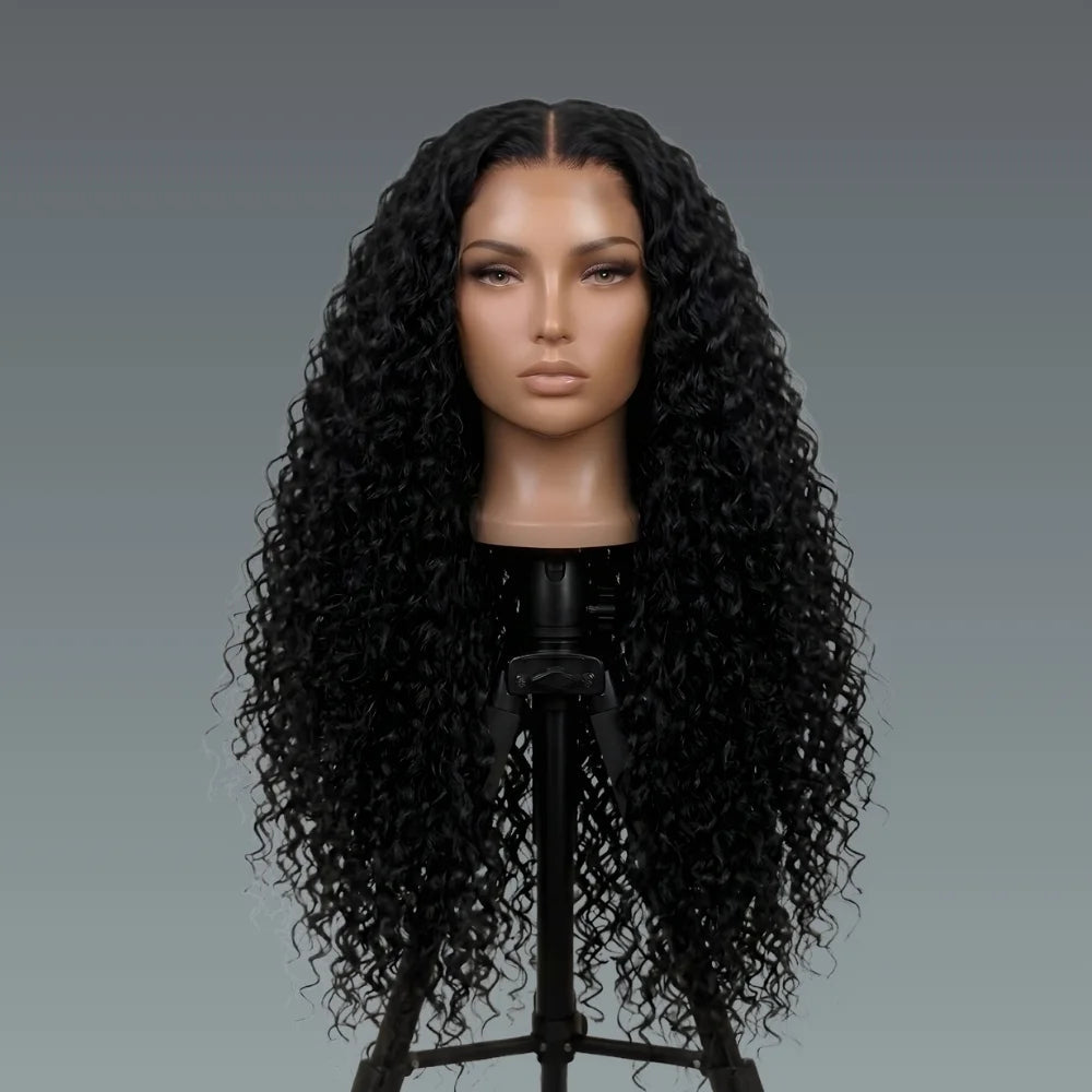Jerry curly wave human hair lace wig – Mannequin head with long black curly wig on a gray background