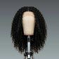 Black curly wig on a mannequin head against a gray background