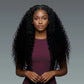 Jerry curly wave human hair lace wig – Woman with long, curly black hair wearing a purple top against a gray background