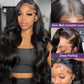 Woman with styled hair and close-up details of a wig with skin-melt invisible lace and deep parting.