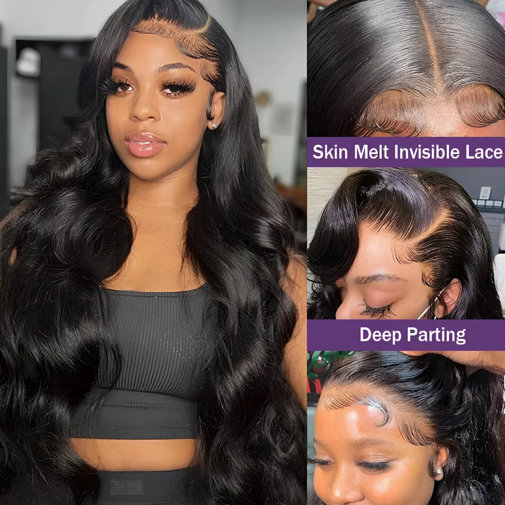 Woman with styled hair and close-up details of a wig with skin-melt invisible lace and deep parting.