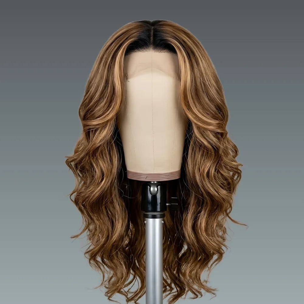 Brown wavy wig on a mannequin head against a gray background