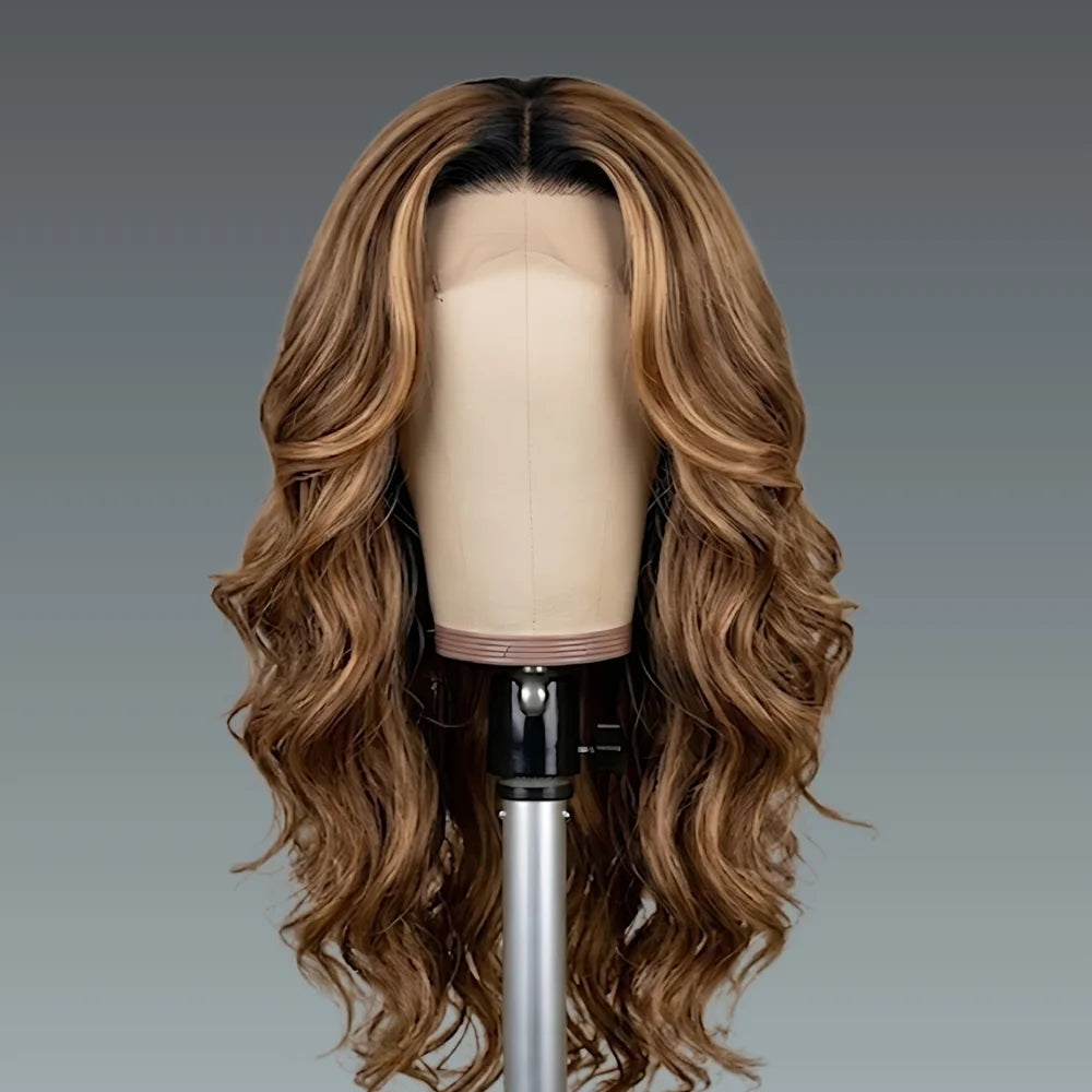 Brown wavy wig on a mannequin head against a gray background