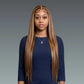 Woman with long straight hair wearing a navy blue outfit against a gray background