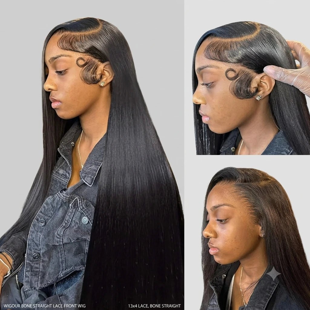 Side views of the bone straight 13x4 lace front wig with laid edges and swoop bangs