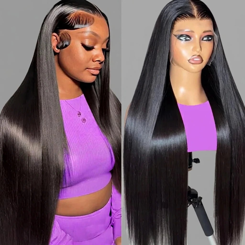 Silky bone straight lace frontal wig shown on a model and on a mannequin, side by side