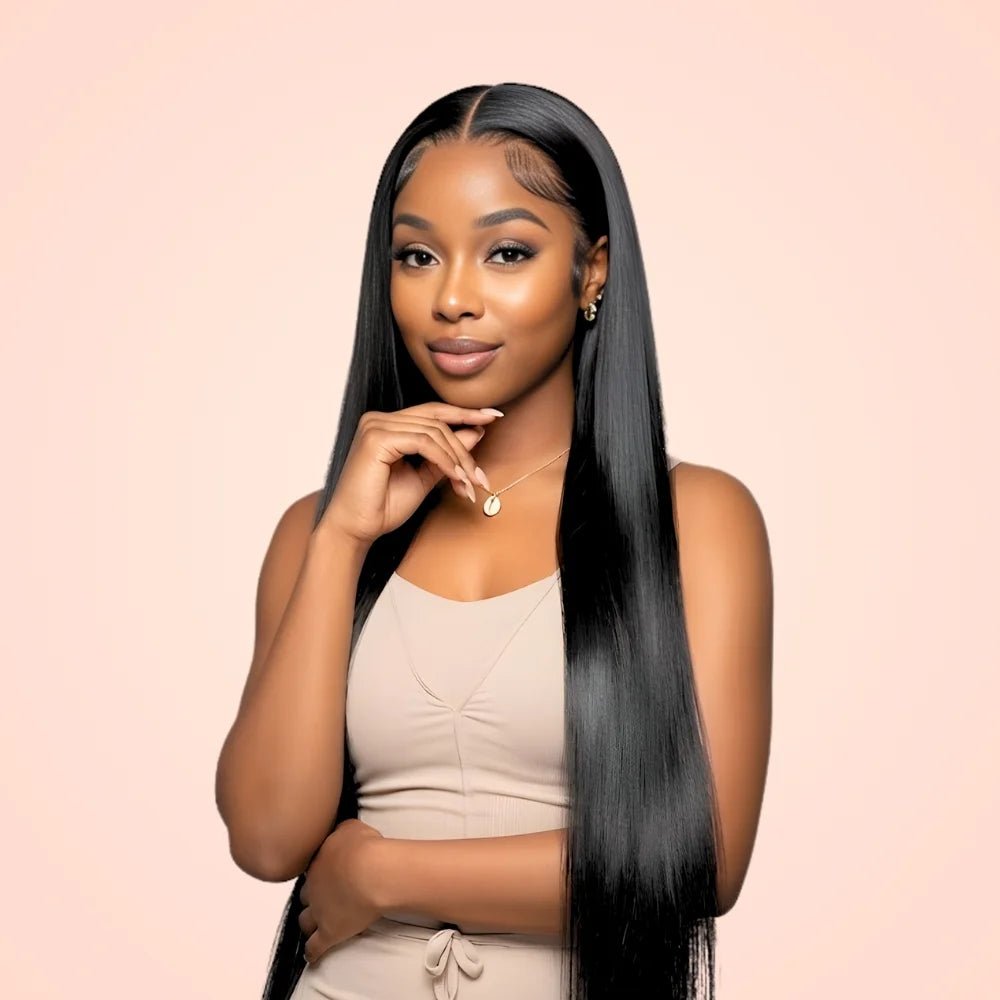 Model wearing a long bone straight 13x6 HD lace front wig in natural black