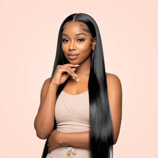 Model wearing a long bone straight 13x6 HD lace front wig in natural black