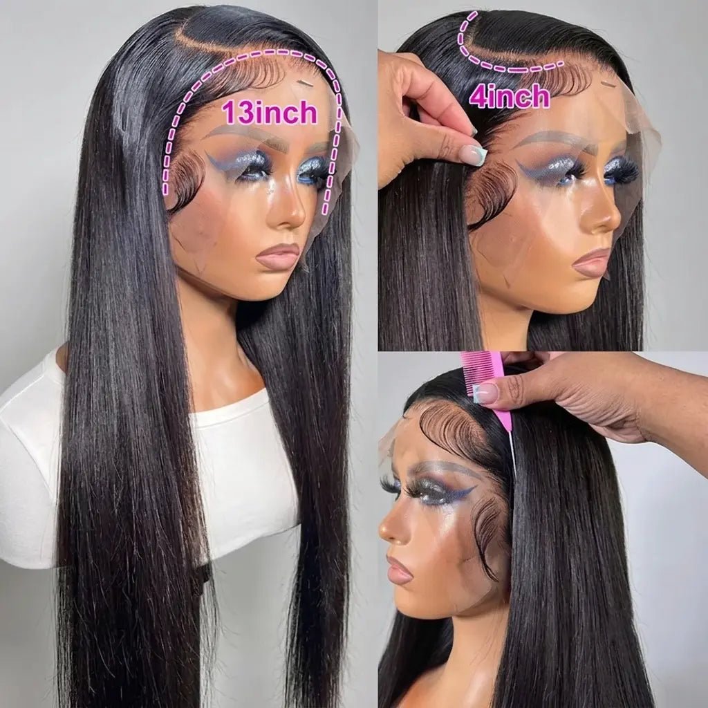 Diagram showing the 13 inch by 4 inch HD lace frontal area on the bone straight wig