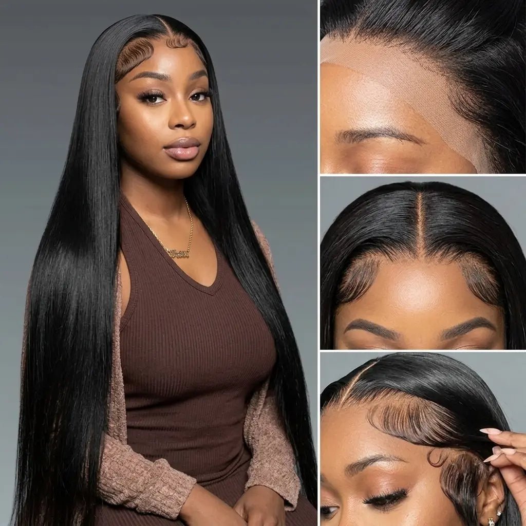 Close-up of the HD transparent lace, middle part and baby hairs on the bone straight wig