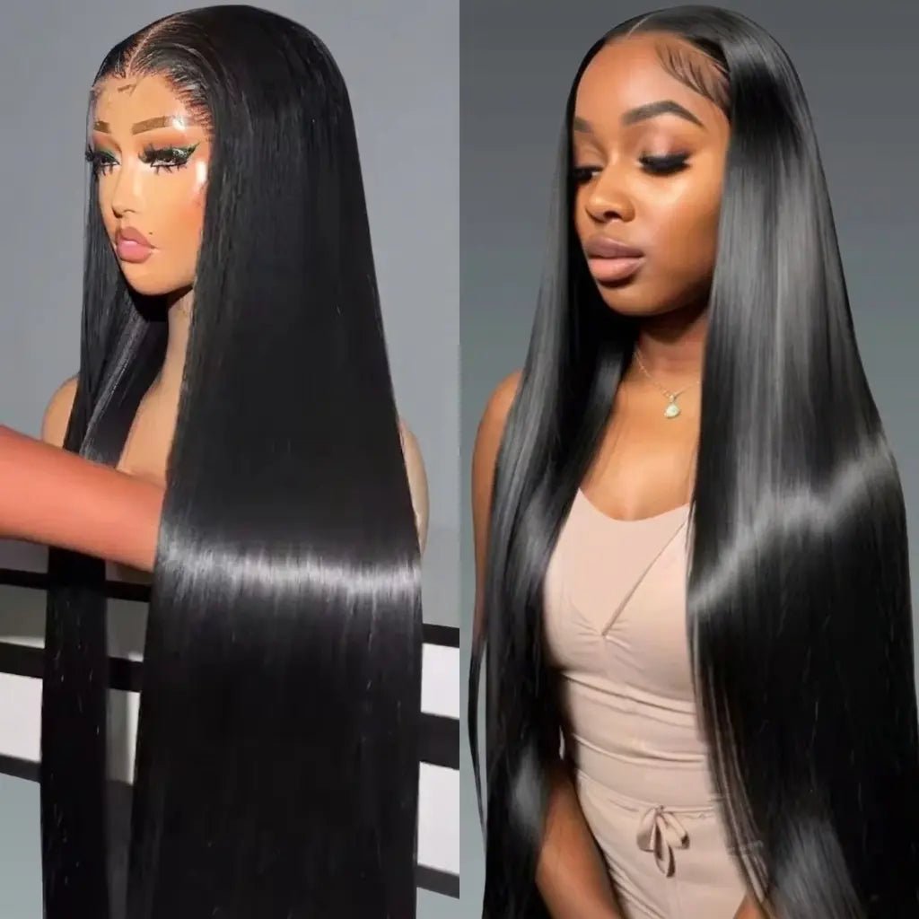 Two models wearing the long bone straight HD lace front wig with a melted hairline