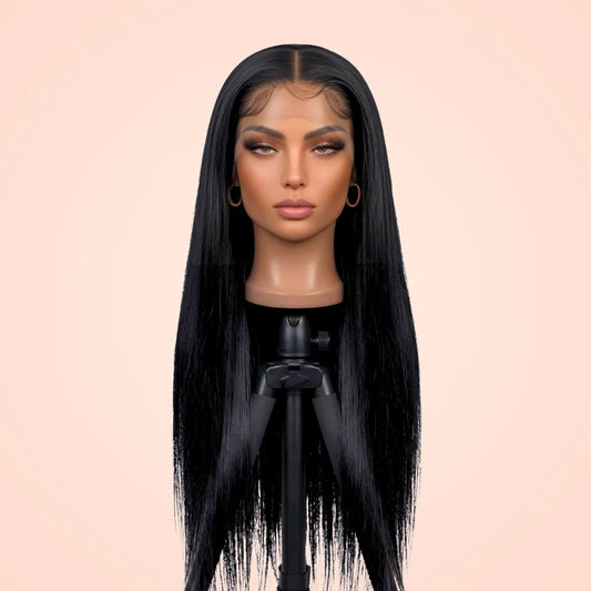 Bone straight 13x6 HD lace front wig with 220% density shown on a mannequin head