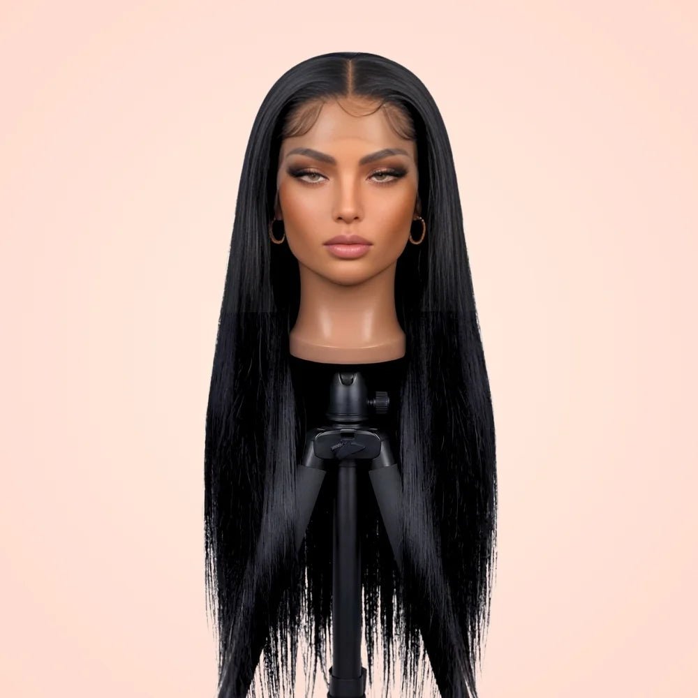 Bone straight 13x6 HD lace front wig with 220% density shown on a mannequin head