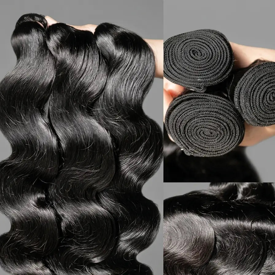 Close-up of Brazilian body wave hair texture with rolled bundles and double weft detail