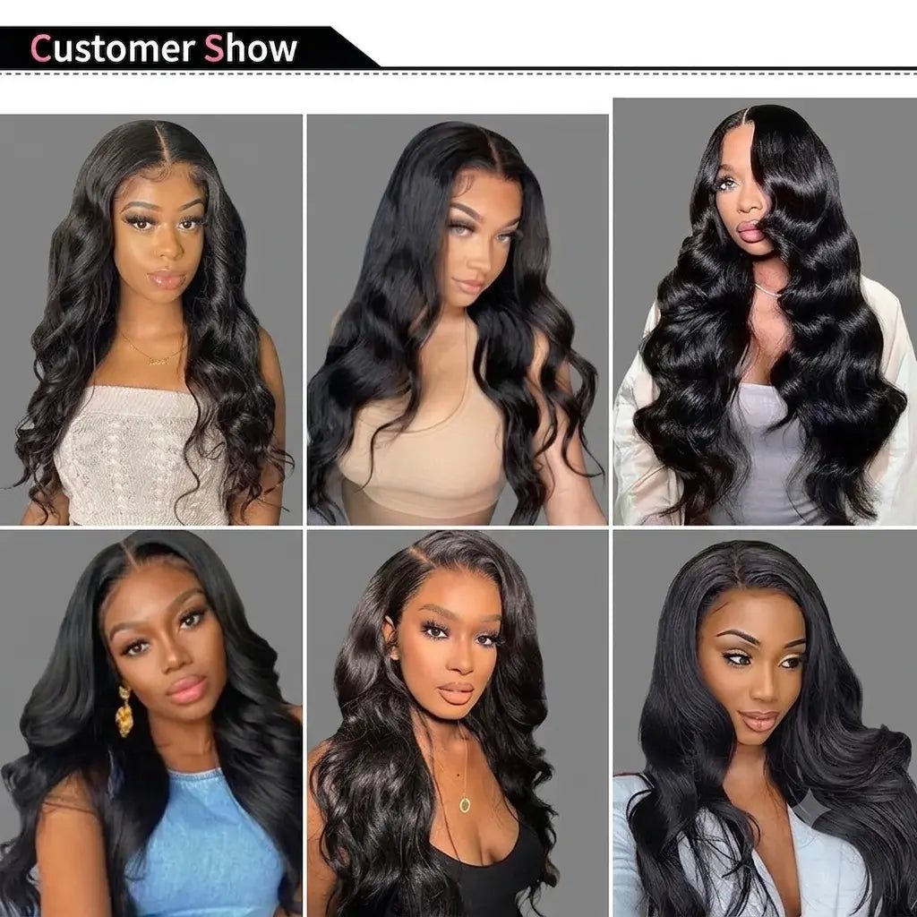 Customer photos of women wearing Brazilian body wave human hair bundles in natural black
