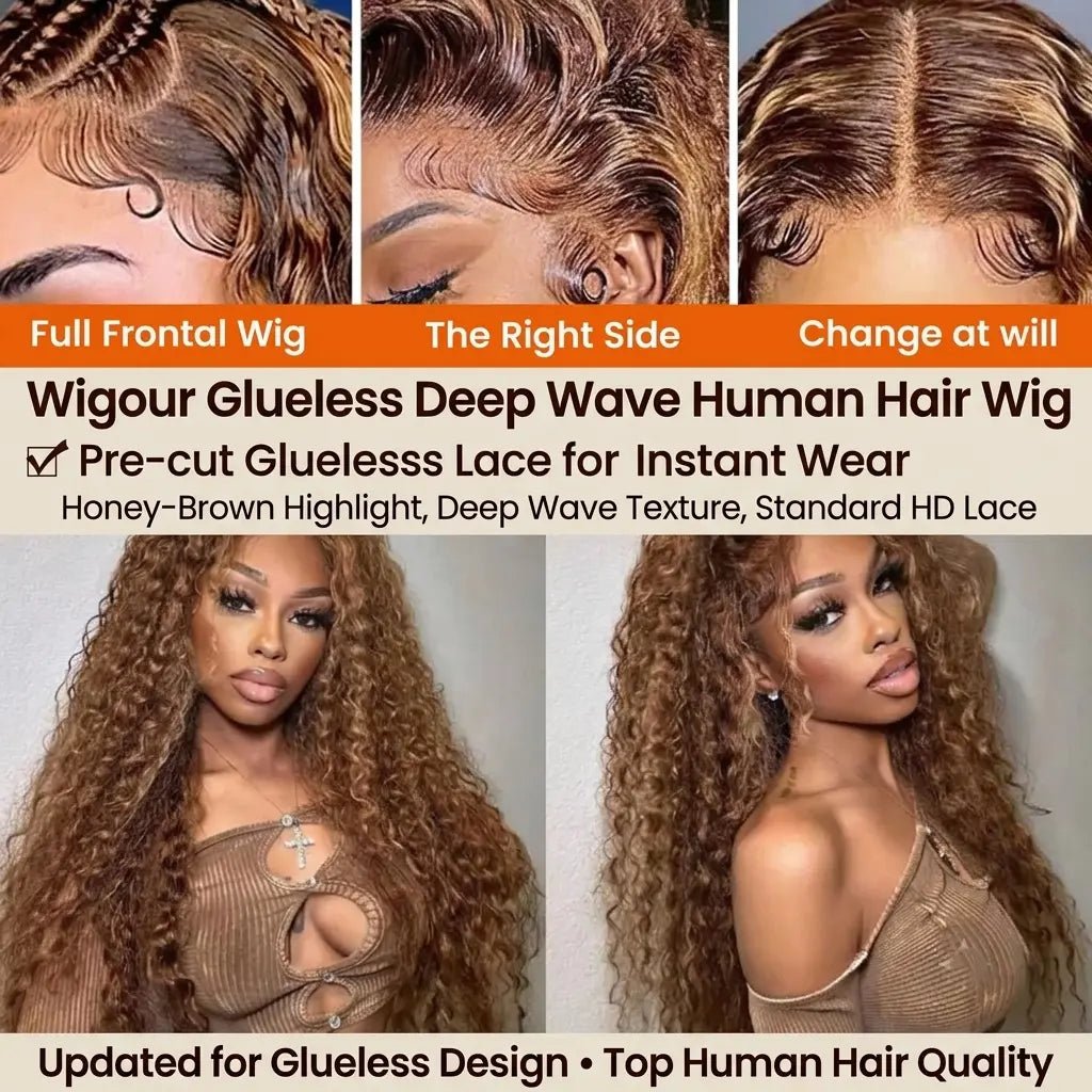 Glueless deep wave wig graphic with pre-cut lace, honey-brown highlight and HD lace details