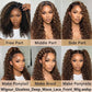 Styling options for the deep wave wig: free part, middle part, side part, ponytail and braids
