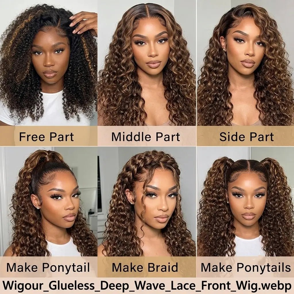 Styling options for the deep wave wig: free part, middle part, side part, ponytail and braids