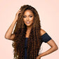 Model wearing a long highlight deep wave 13x4 HD lace front glueless wig in honey brown