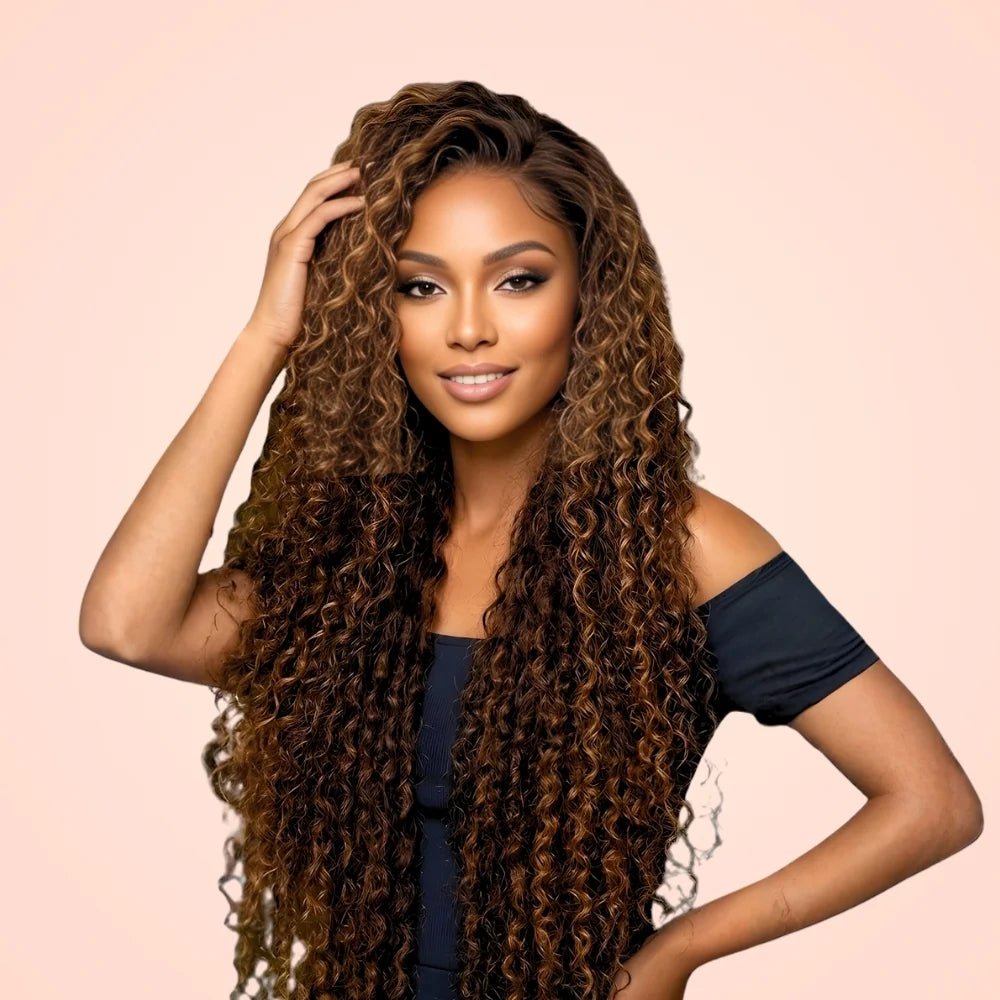 Model wearing a long highlight deep wave 13x4 HD lace front glueless wig in honey brown