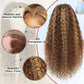 Highlight deep wave wig detail graphic showing realistic hairline, HD transparent lace and wavy curls