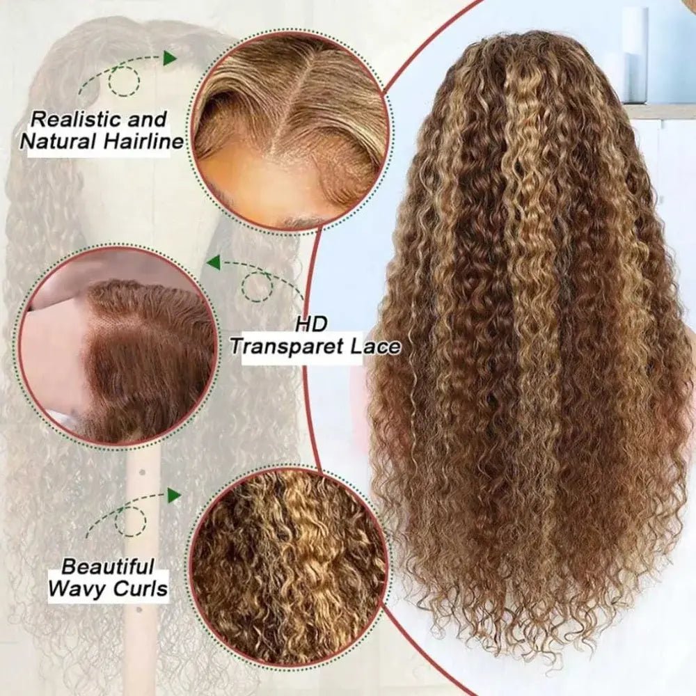 Highlight deep wave wig detail graphic showing realistic hairline, HD transparent lace and wavy curls